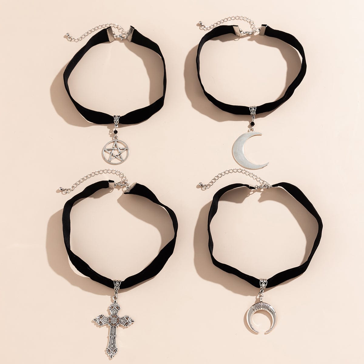 Gothic 4pcs Moon Cross Round Star Pendant Velvet Choker Necklace Set - ArtGalleryZen