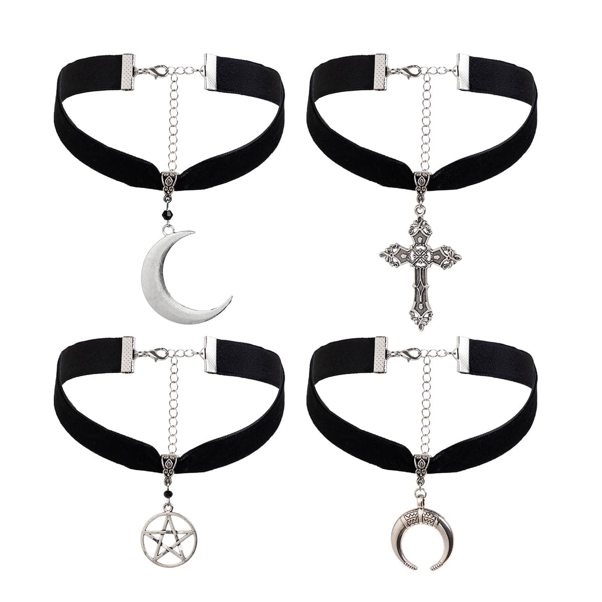 Gothic 4pcs Moon Cross Round Star Pendant Velvet Choker Necklace Set - ArtGalleryZen