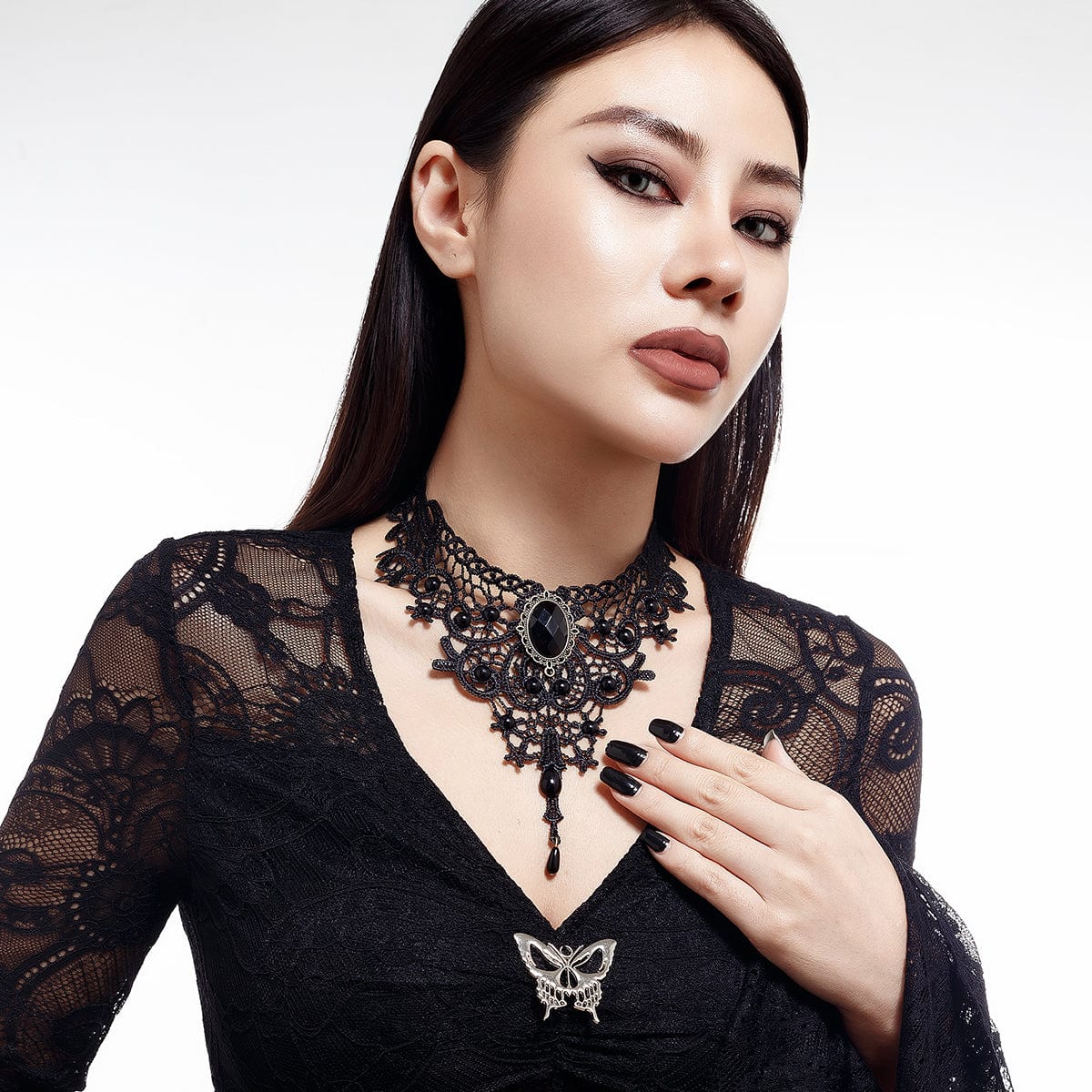 Gothic Baroque Crystal Inlaid Cross Charm Lace Choker Necklace