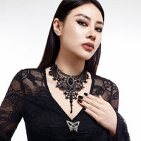 Thumbnail for Gothic Baroque Crystal Inlaid Cross Charm Lace Choker Necklace