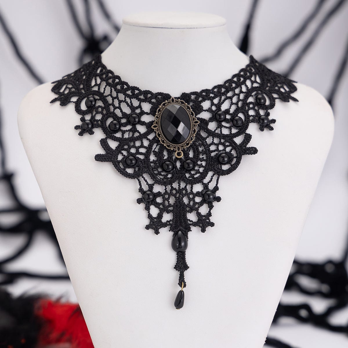 Gothic Baroque Crystal Inlaid Cross Charm Lace Choker Necklace