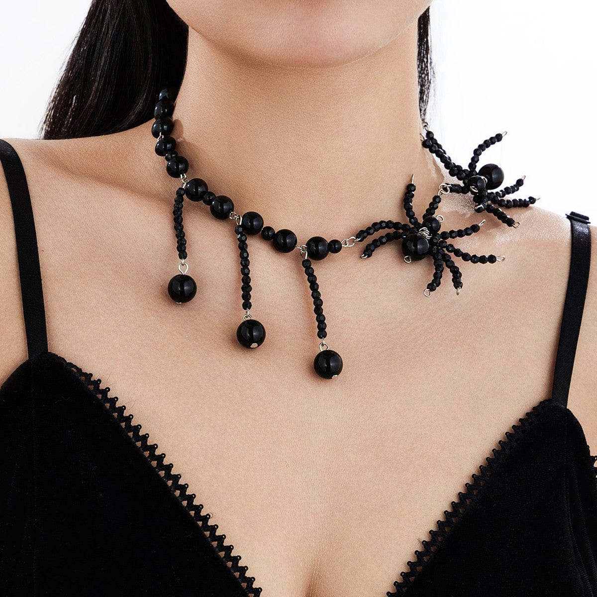 Gothic Crystal Beaded Spider Tassel Necklace