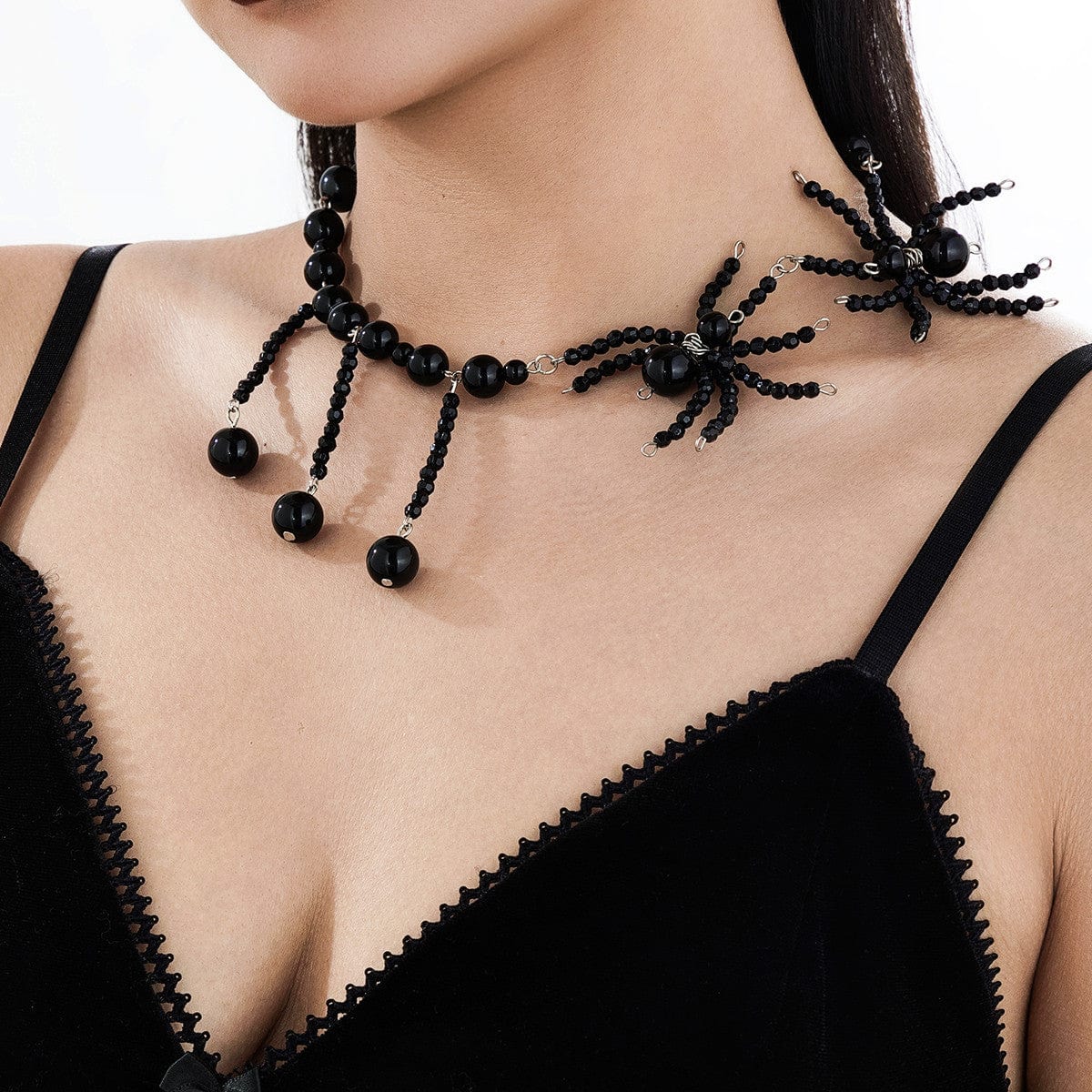 Gothic Crystal Beaded Spider Tassel Necklace