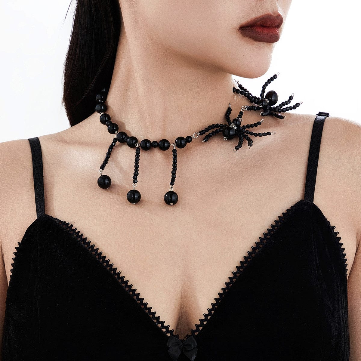 Gothic Crystal Beaded Spider Tassel Necklace