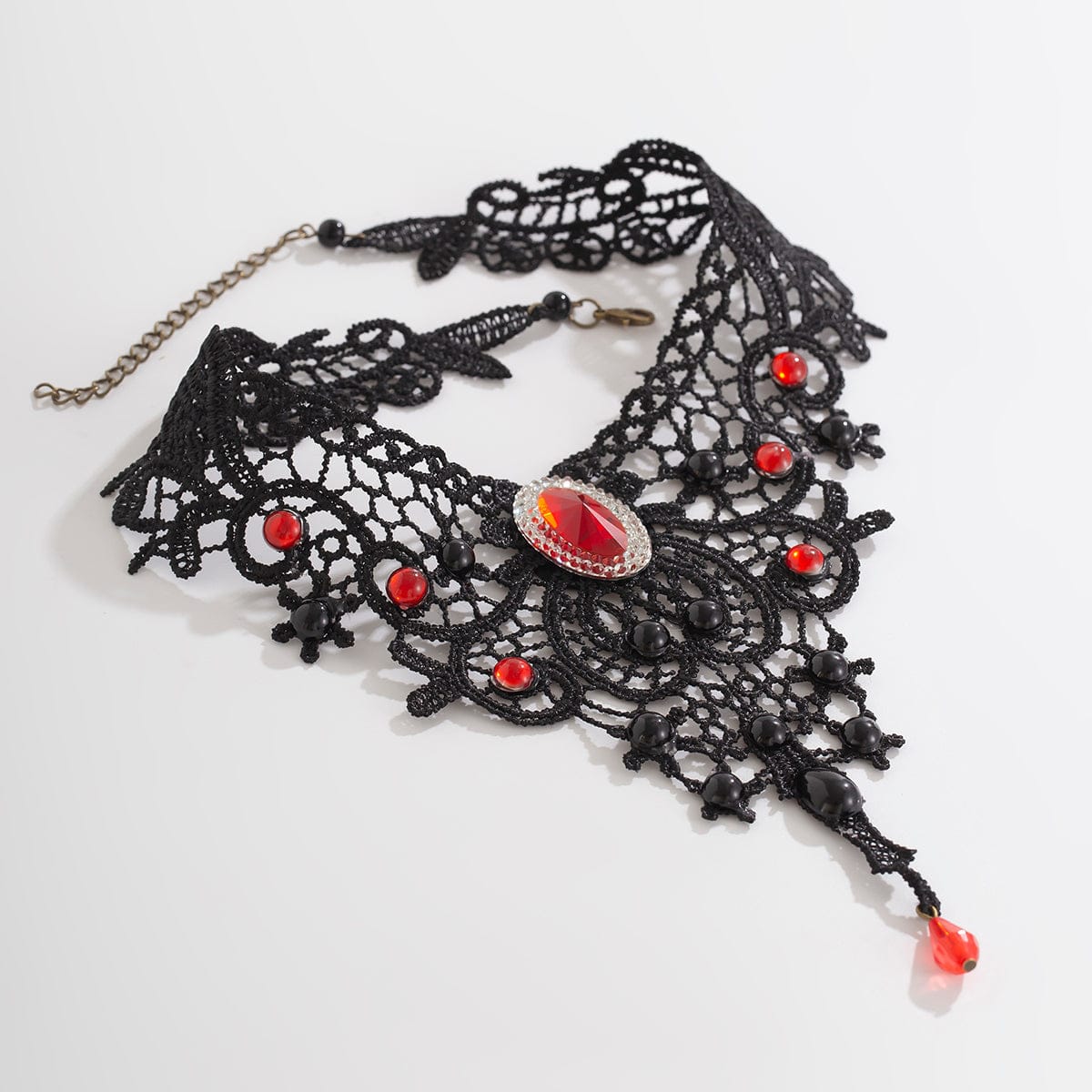 Gothic Crystal Inlaid Cross Charm Floral Lace Choker Necklace - ArtGalleryZen