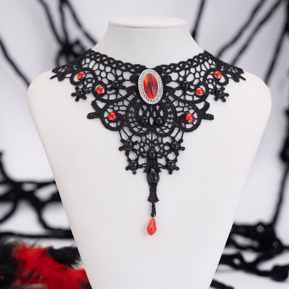 Gothic Crystal Inlaid Cross Charm Floral Lace Choker Necklace - ArtGalleryZen