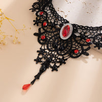 Thumbnail for Gothic Crystal Inlaid Cross Charm Floral Lace Choker Necklace - ArtGalleryZen