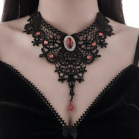 Thumbnail for Gothic Crystal Inlaid Cross Charm Floral Lace Choker Necklace