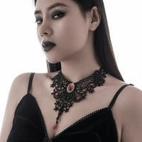 Thumbnail for Gothic Crystal Inlaid Cross Charm Floral Lace Choker Necklace