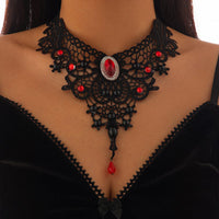 Thumbnail for Gothic Crystal Inlaid Cross Charm Floral Lace Choker Necklace