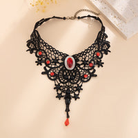 Thumbnail for Gothic Crystal Inlaid Cross Charm Floral Lace Choker Necklace