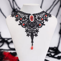 Thumbnail for Gothic Crystal Inlaid Cross Charm Floral Lace Choker Necklace