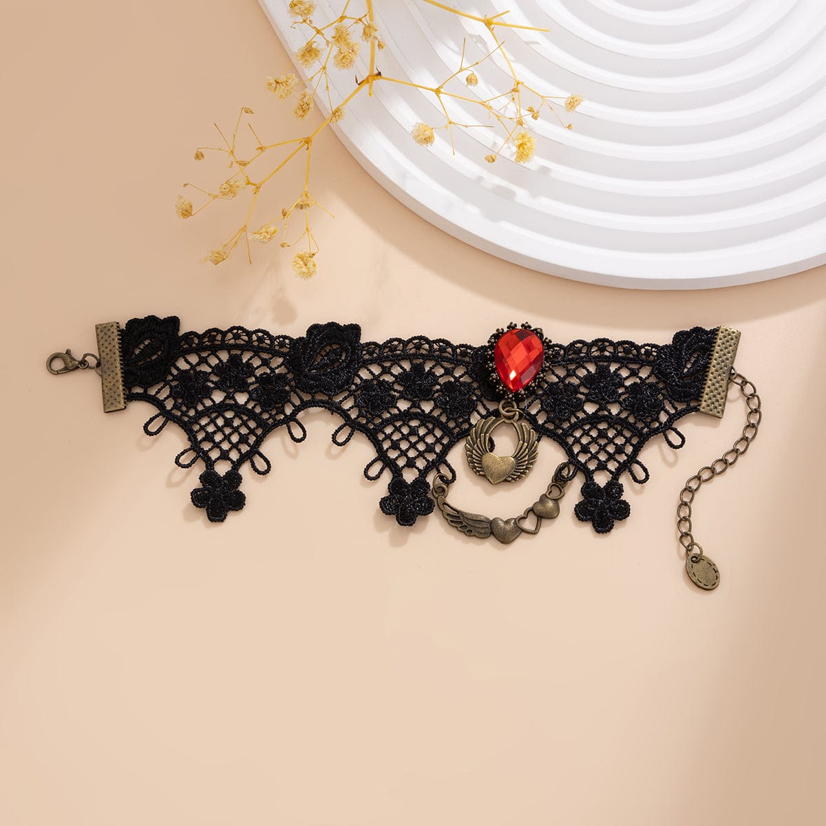 Gothic Crystal Inlaid Heart Wing Charm Lace Anklet