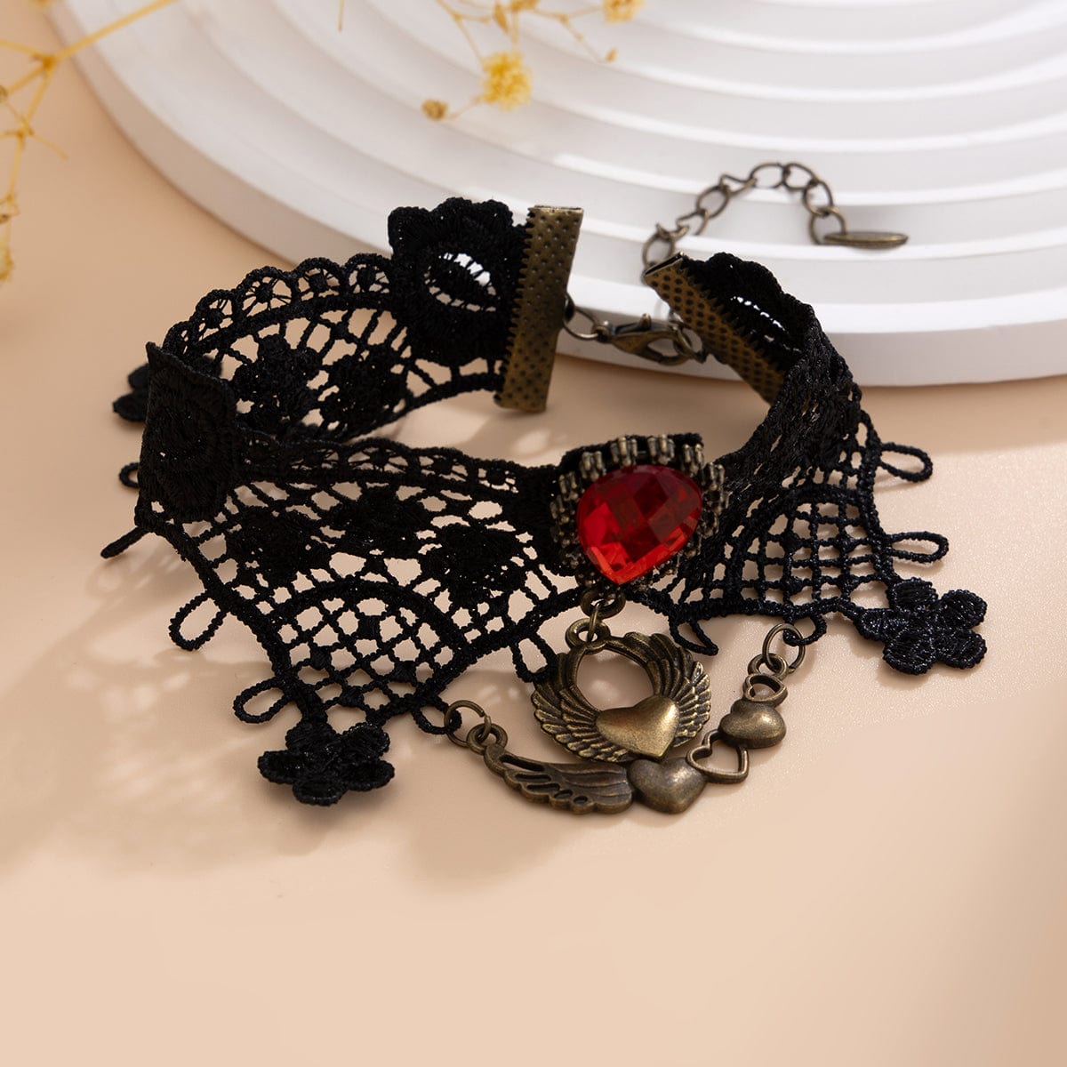 Gothic Crystal Inlaid Heart Wing Charm Lace Anklet