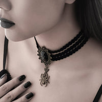 Thumbnail for Gothic Crystal Inlaid Spider Pendant Velvet Choker Necklace