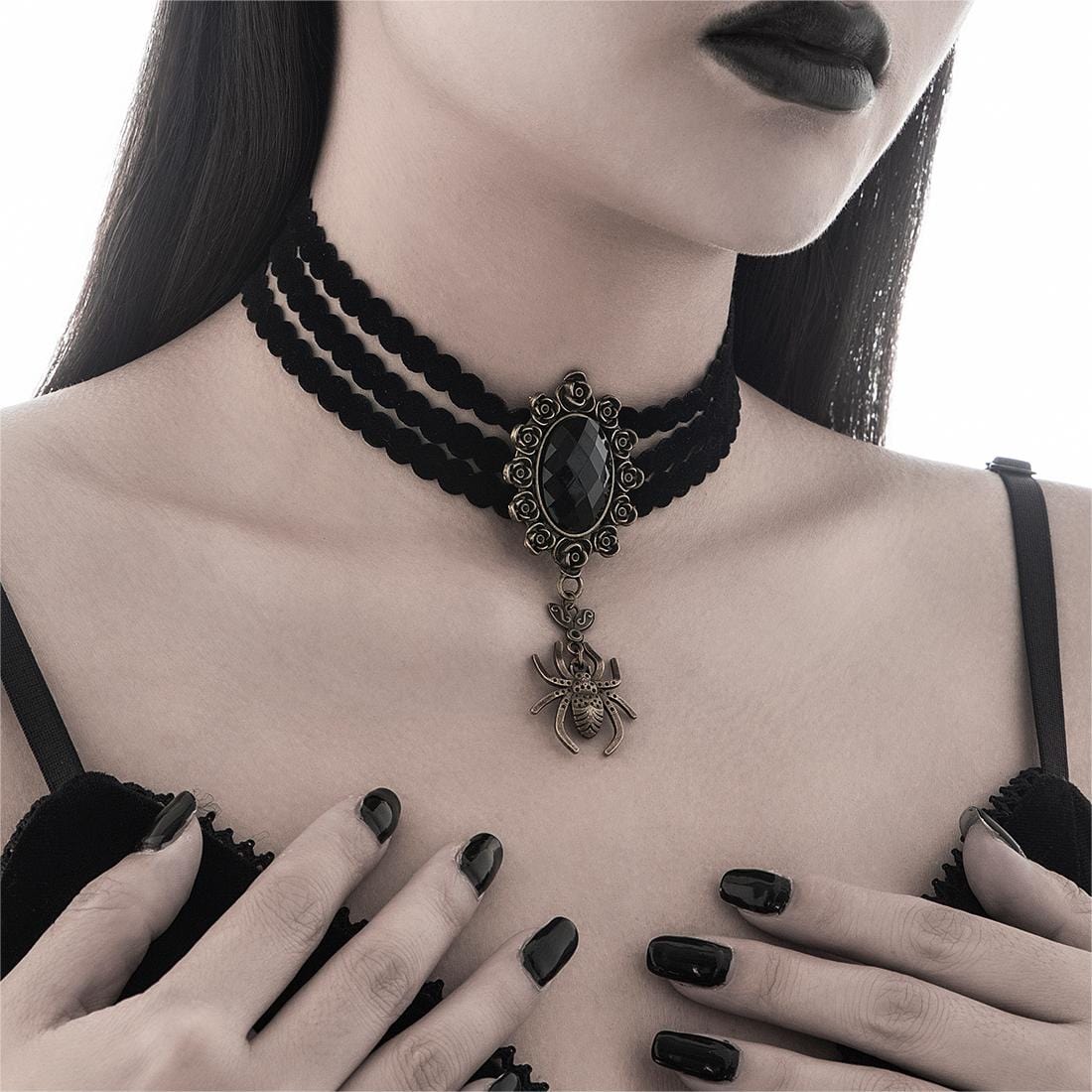 Gothic Crystal Inlaid Spider Pendant Velvet Choker Necklace