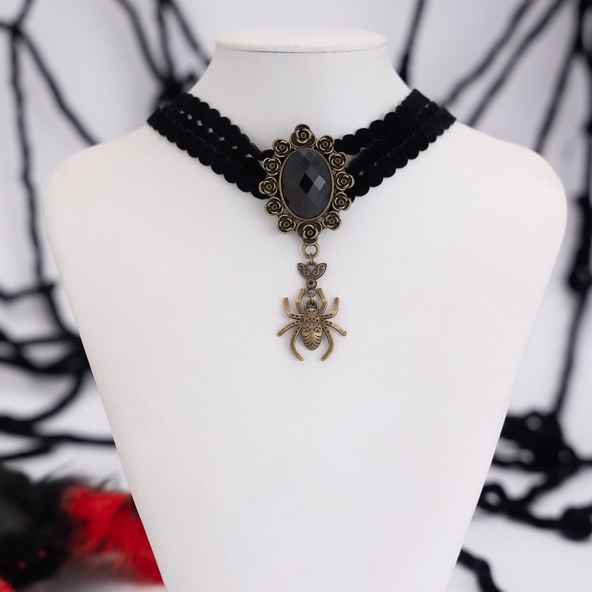 Gothic Crystal Inlaid Spider Pendant Velvet Choker Necklace