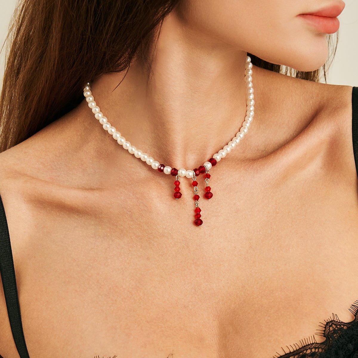 Gothic Crystal Tassel Blood Drop Pearl Chain Choker Necklace - ArtGalleryZen