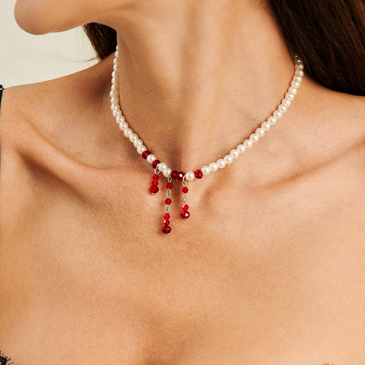 Gothic Crystal Tassel Blood Drop Pearl Chain Choker Necklace - ArtGalleryZen