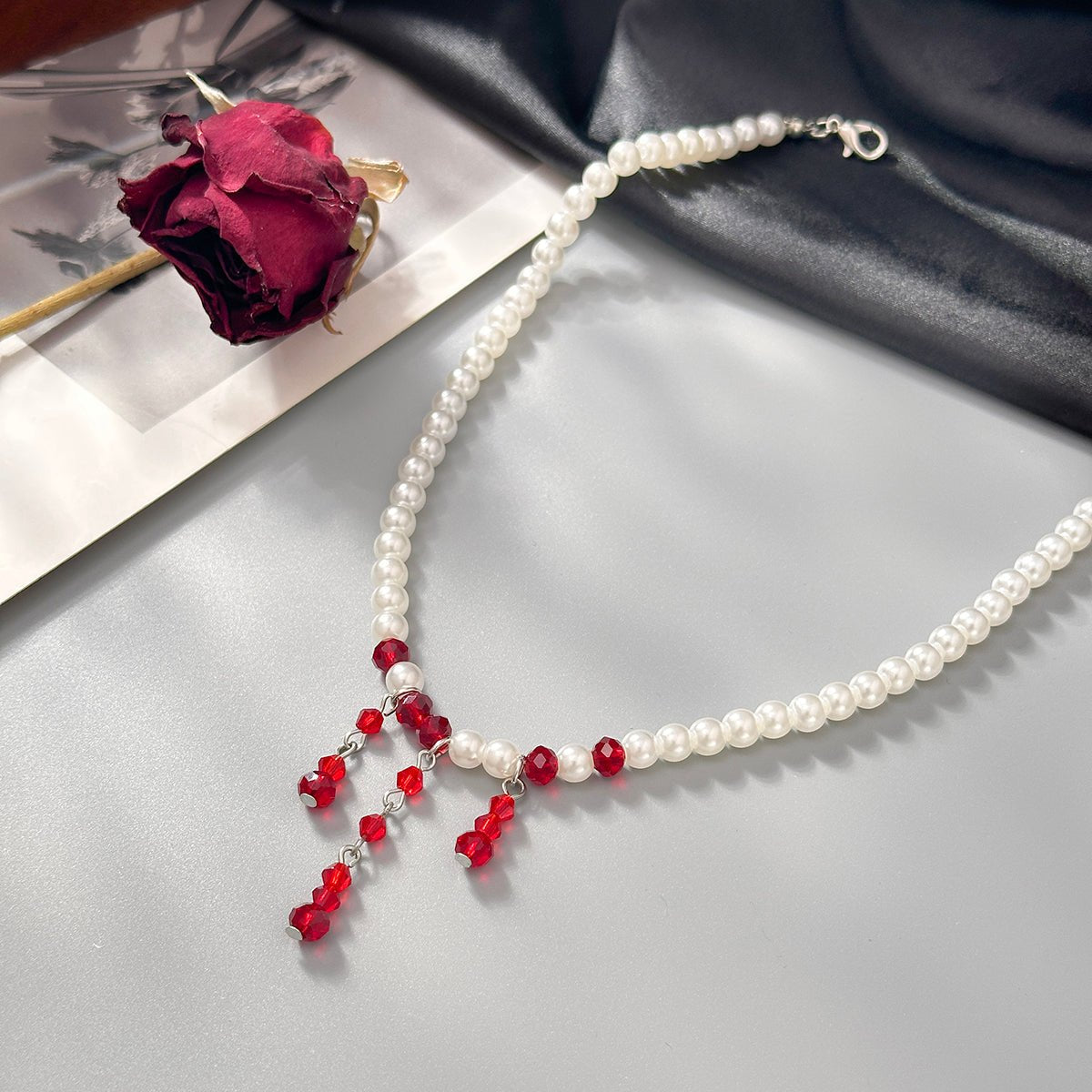 Gothic Crystal Tassel Blood Drop Pearl Chain Choker Necklace - ArtGalleryZen