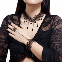 Thumbnail for Gothic Crystal Tassel Floral Lace Finger Ring Bracelet Necklace Set - ArtGalleryZen