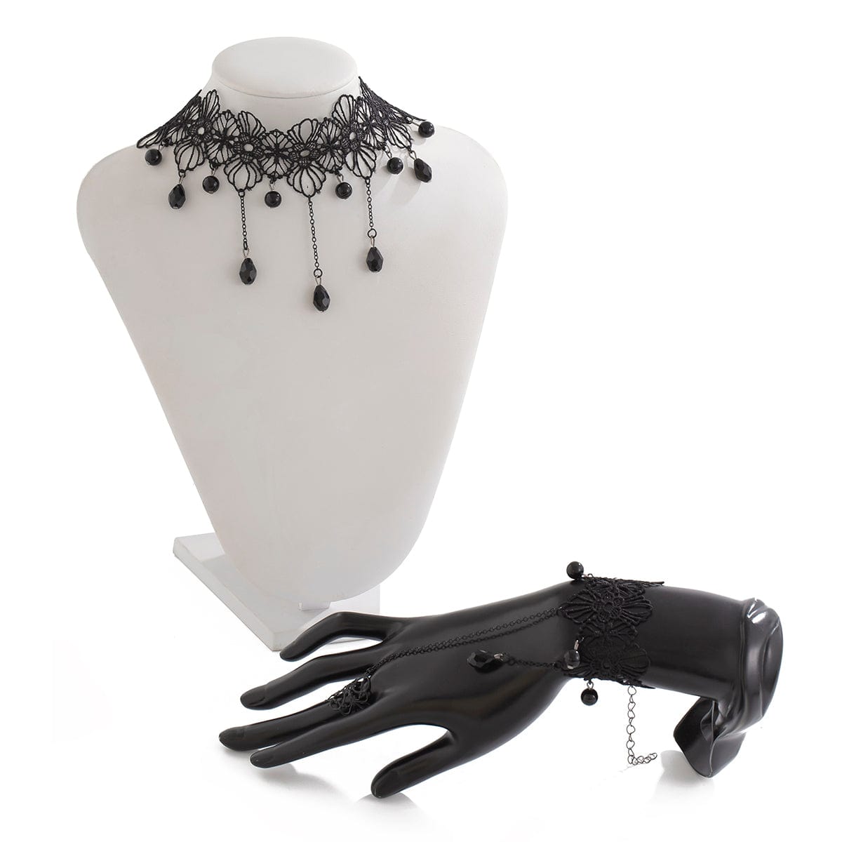 Gothic Crystal Tassel Floral Lace Finger Ring Bracelet Necklace Set - ArtGalleryZen