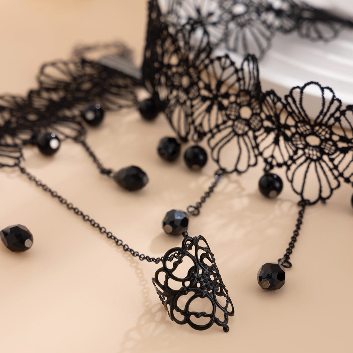 Gothic Crystal Tassel Floral Lace Finger Ring Bracelet Necklace Set - ArtGalleryZen