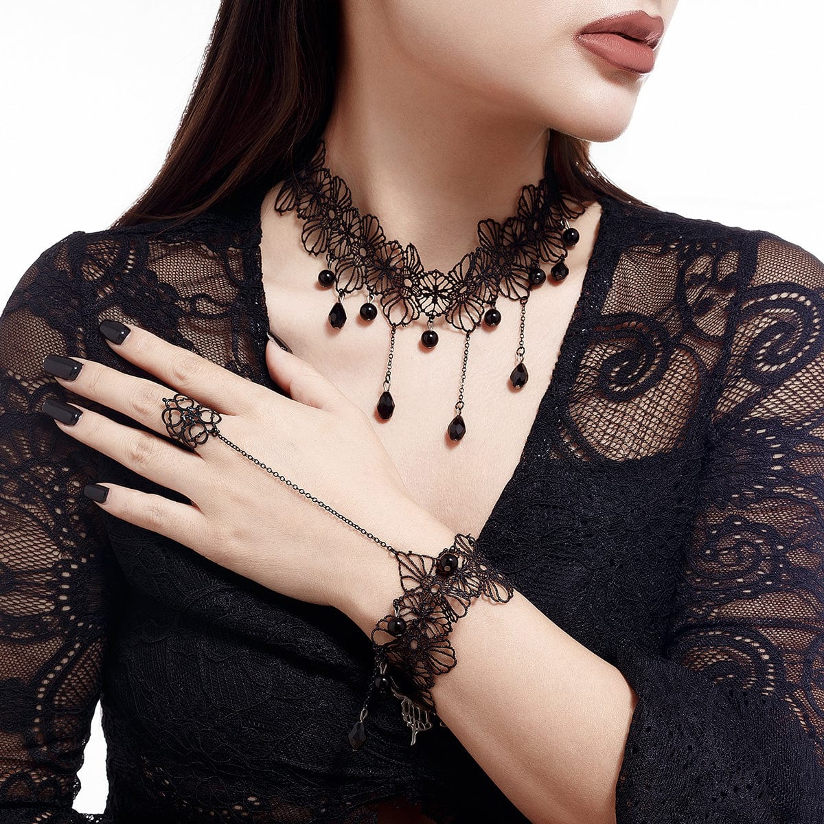 Gothic Crystal Tassel Floral Lace Finger Ring Bracelet Necklace Set - ArtGalleryZen