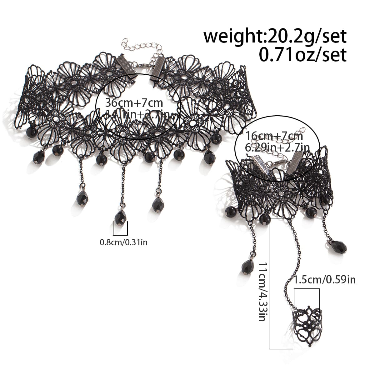 Gothic Crystal Tassel Floral Lace Finger Ring Bracelet Necklace Set - ArtGalleryZen