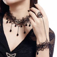 Thumbnail for Gothic Crystal Tassel Floral Lace Finger Ring Bracelet Necklace Set - ArtGalleryZen