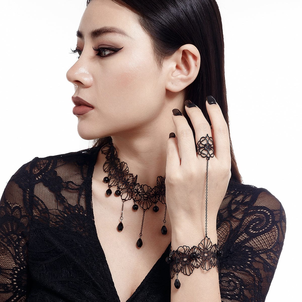 Gothic Crystal Tassel Floral Lace Finger Ring Bracelet Necklace Set