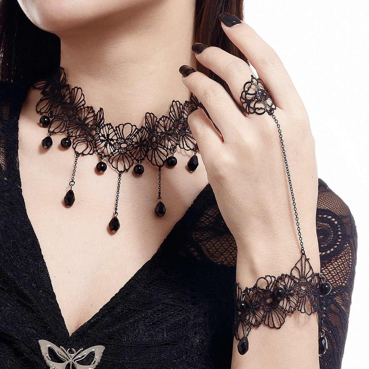 Gothic Crystal Tassel Floral Lace Finger Ring Bracelet Necklace Set