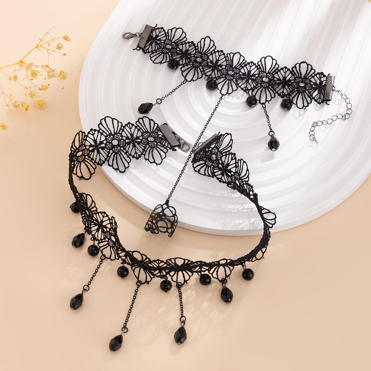 Gothic Crystal Tassel Floral Lace Finger Ring Bracelet Necklace Set