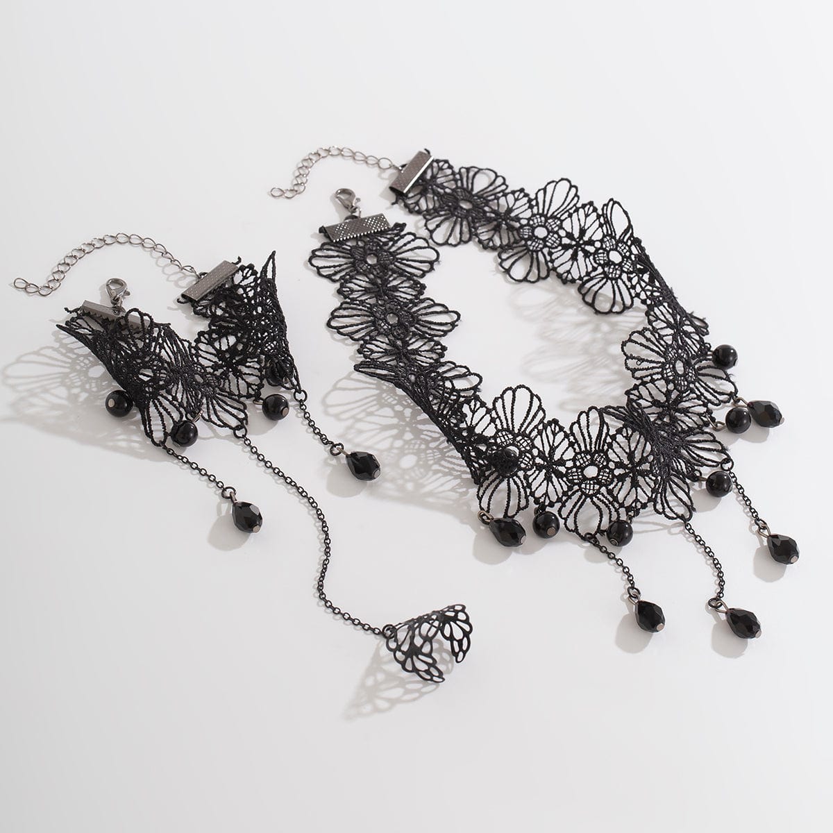 Gothic Crystal Tassel Floral Lace Finger Ring Bracelet Necklace Set