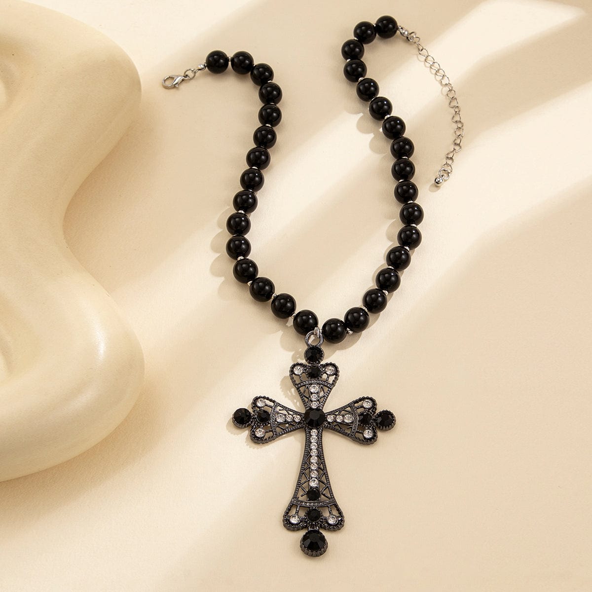 Gothic CZ Inlaid Cross Pendant Ball Chain Choker Necklace - ArtGalleryZen