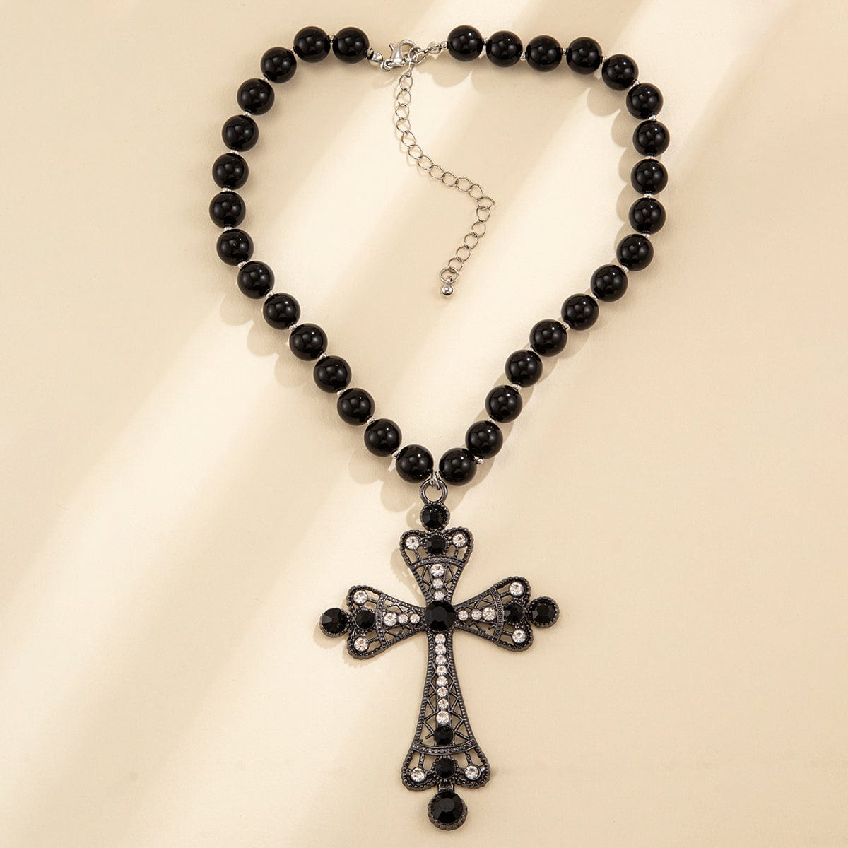 Gothic CZ Inlaid Cross Pendant Ball Chain Choker Necklace - ArtGalleryZen