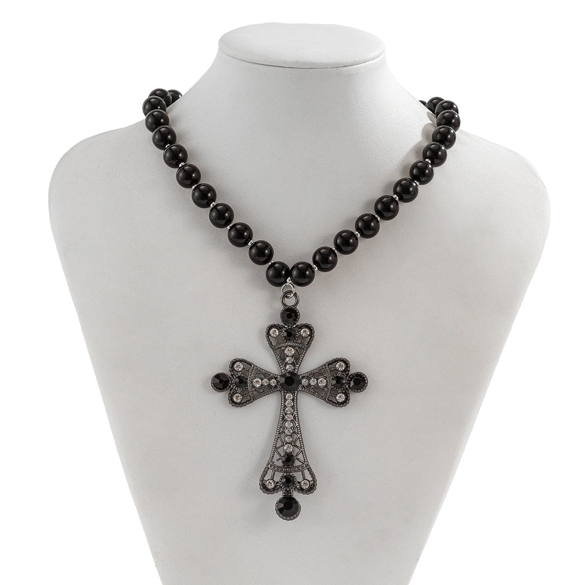 Gothic CZ Inlaid Cross Pendant Ball Chain Choker Necklace - ArtGalleryZen