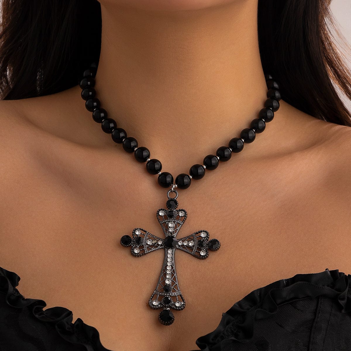 Gothic CZ Inlaid Cross Pendant Ball Chain Choker Necklace