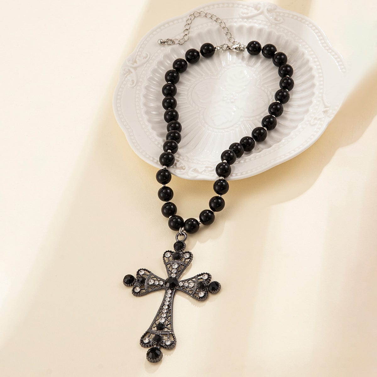 Gothic CZ Inlaid Cross Pendant Ball Chain Choker Necklace