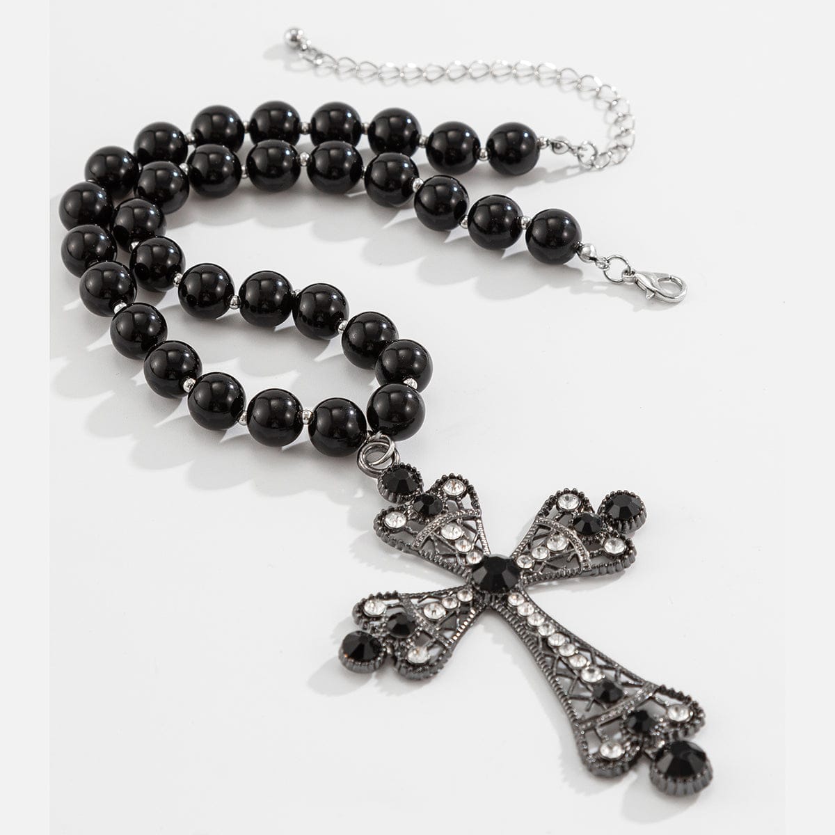 Gothic CZ Inlaid Cross Pendant Ball Chain Choker Necklace