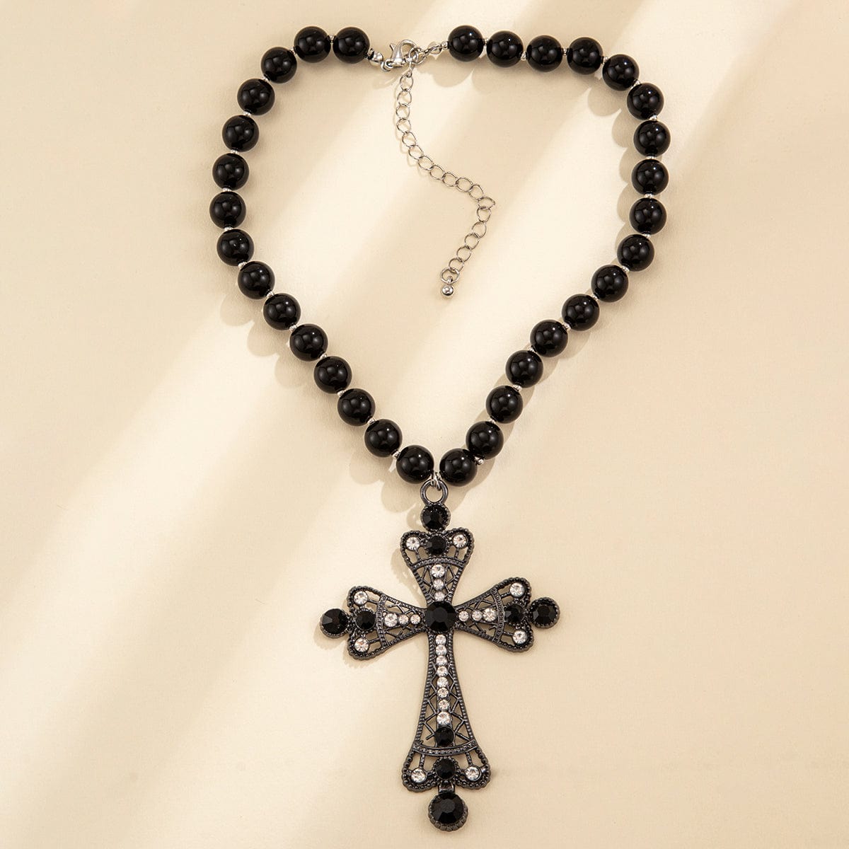 Gothic CZ Inlaid Cross Pendant Ball Chain Choker Necklace