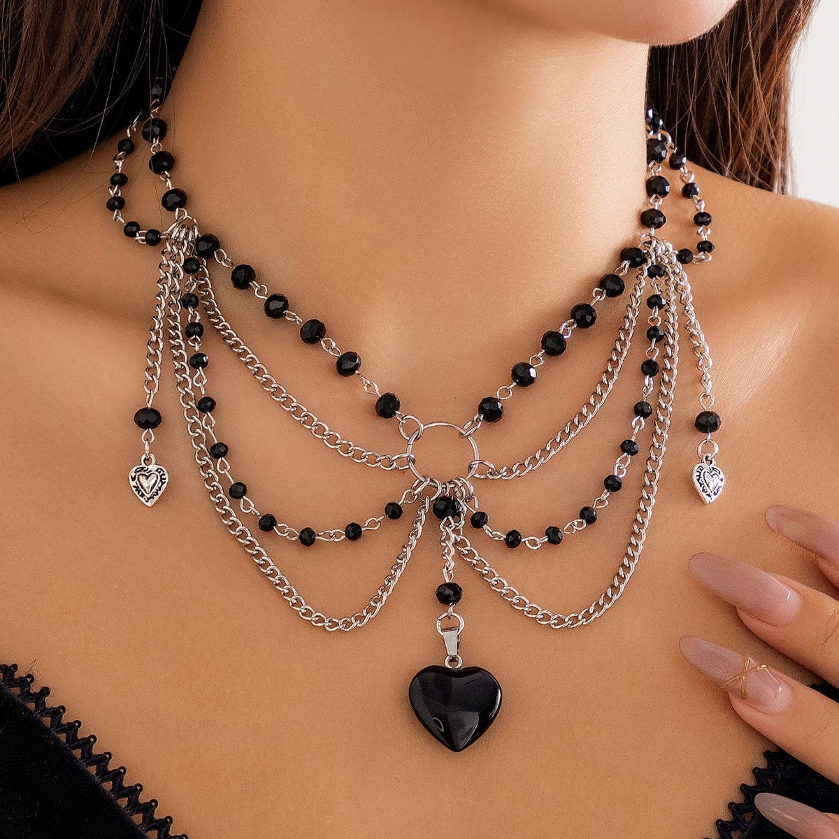 Gothic Heart Pendant Crystal Tassel Choker Necklace - ArtGalleryZen