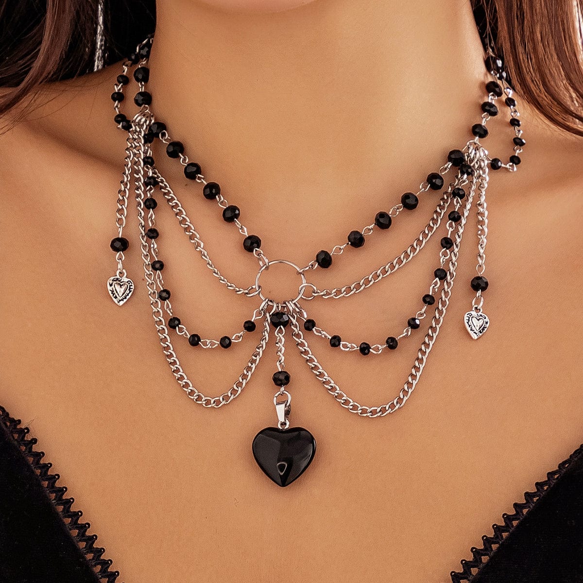 Gothic Heart Pendant Crystal Tassel Choker Necklace - ArtGalleryZen