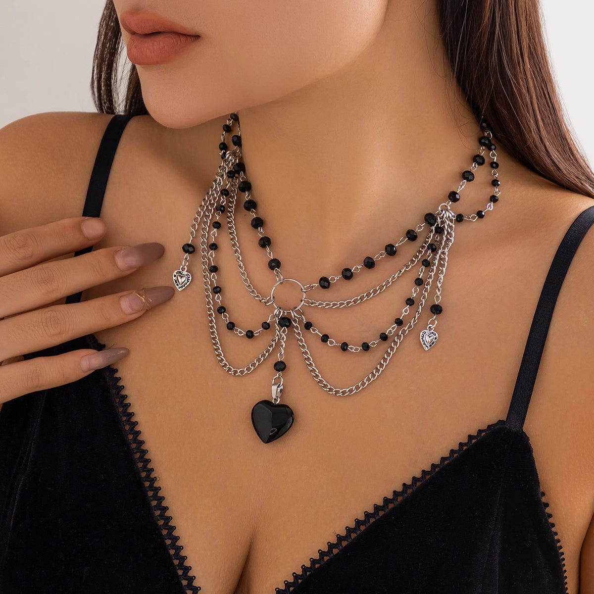 Gothic Heart Pendant Crystal Tassel Choker Necklace - ArtGalleryZen