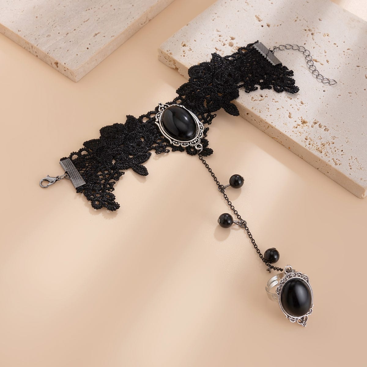 Gothic Dainty Crystal Inlaid Floral Lace Finger Ring Bracelet - ArtGalleryZen