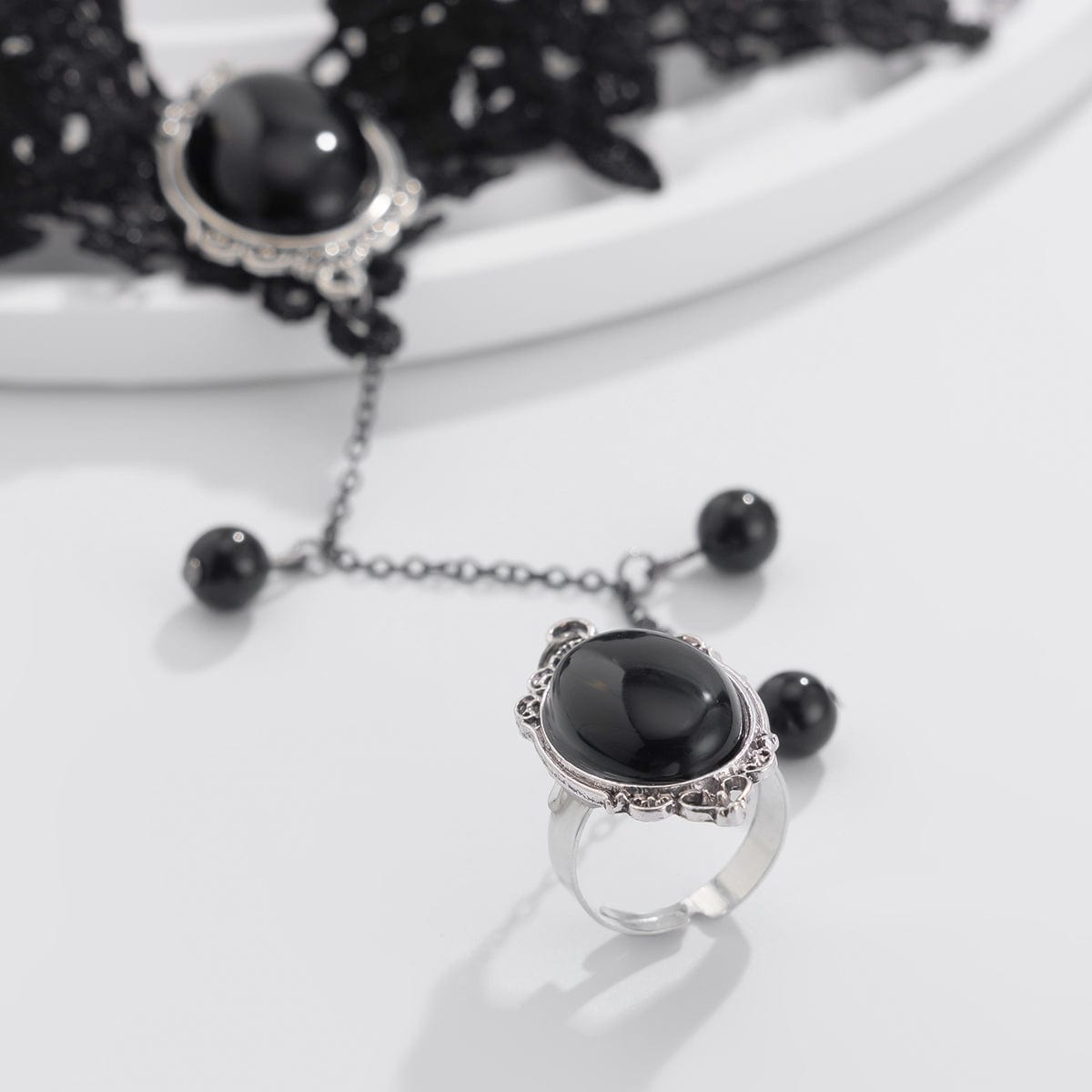 Gothic Dainty Crystal Inlaid Floral Lace Finger Ring Bracelet - ArtGalleryZen