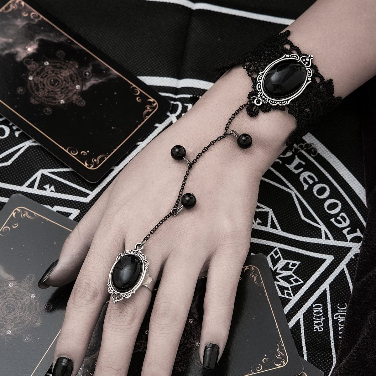 Gothic Dainty Crystal Inlaid Floral Lace Finger Ring Bracelet