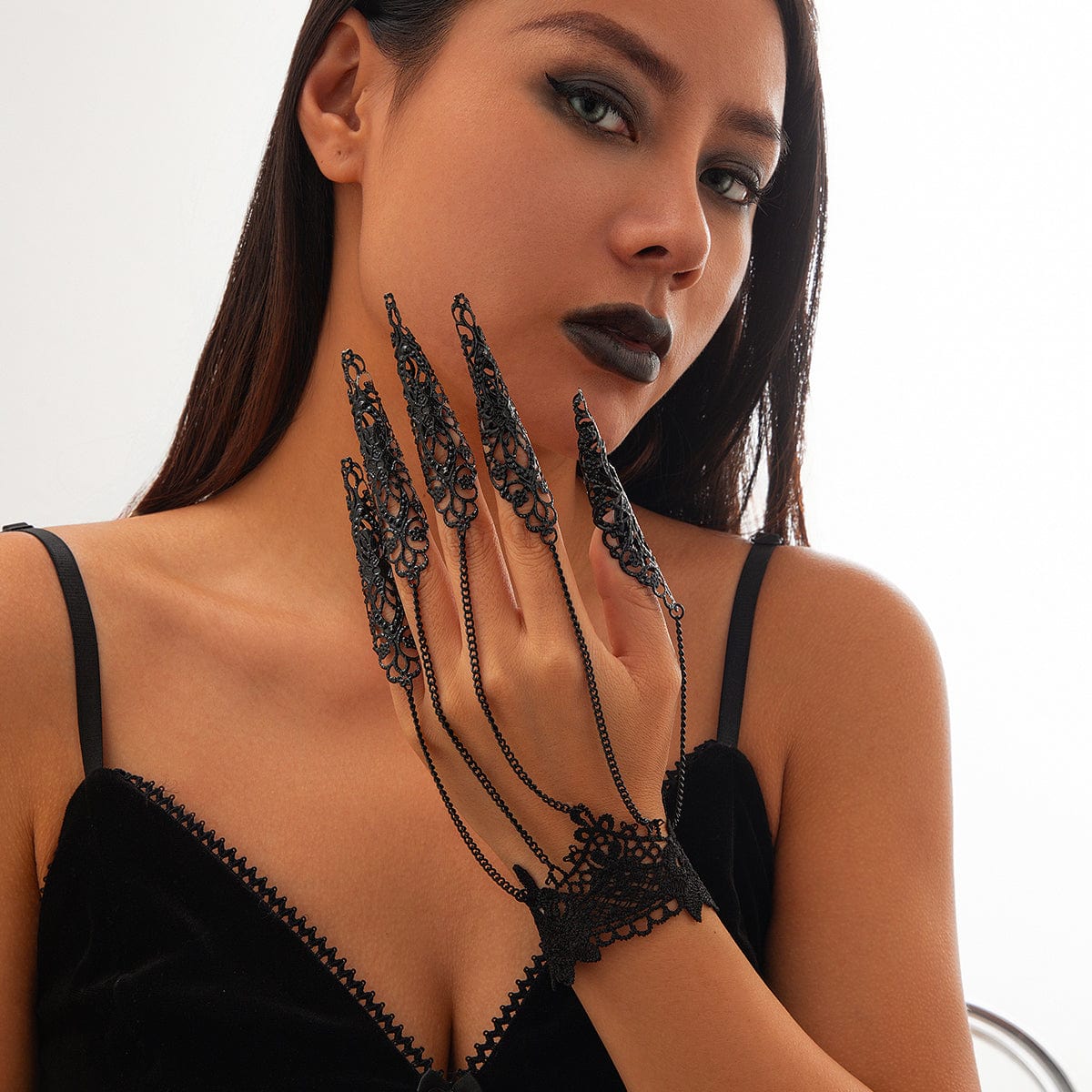Gothic Floral Lace Five Finger Armor Nails Mittens Bracelet - ArtGalleryZen