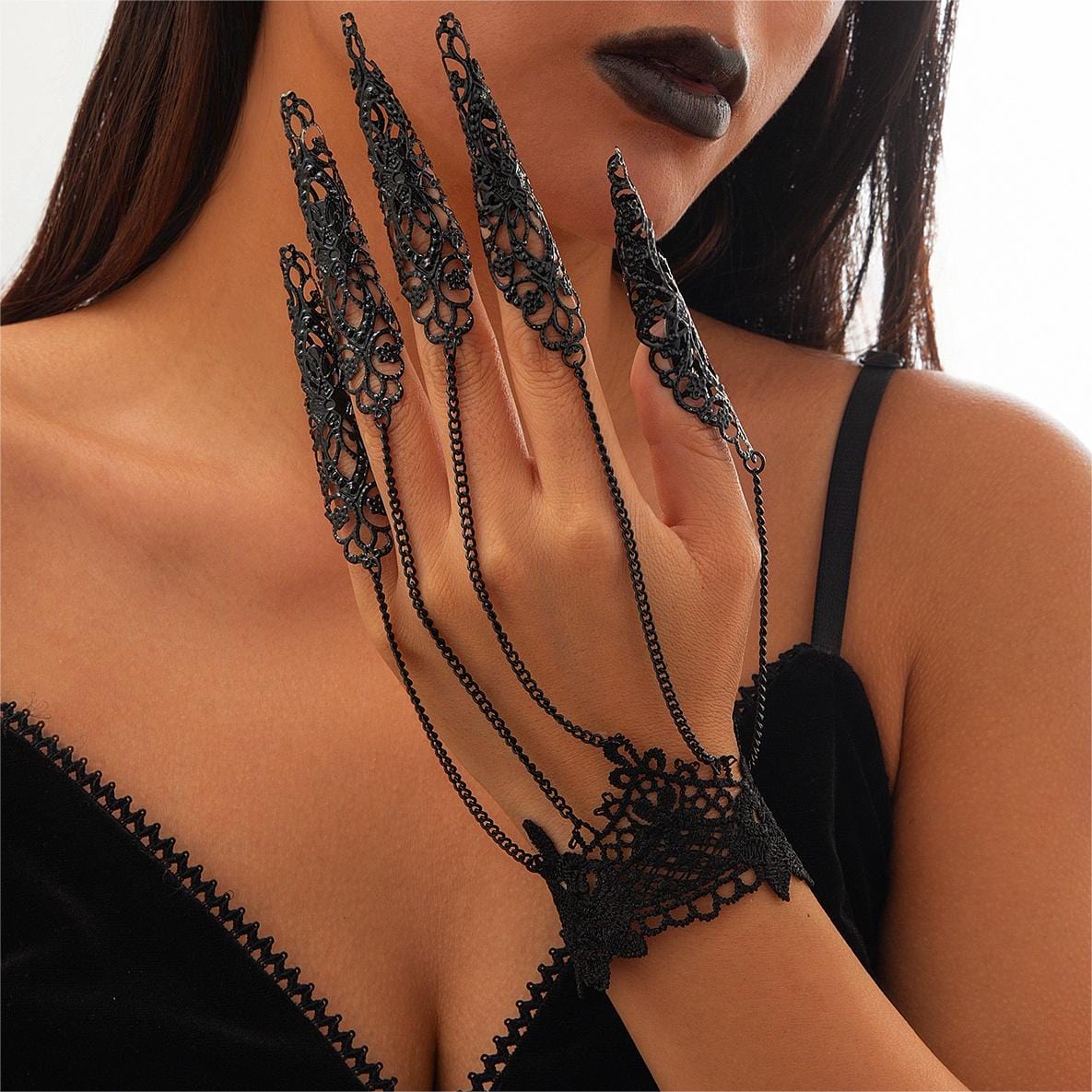 Gothic Floral Lace Five Finger Armor Nails Mittens Bracelet