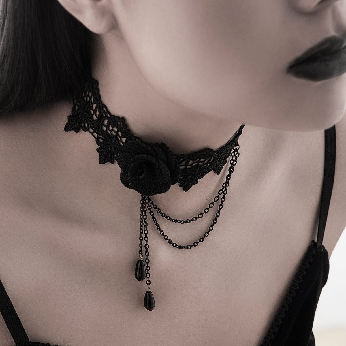 Gothic Layered Black Rose Floral Lace Choker Necklace